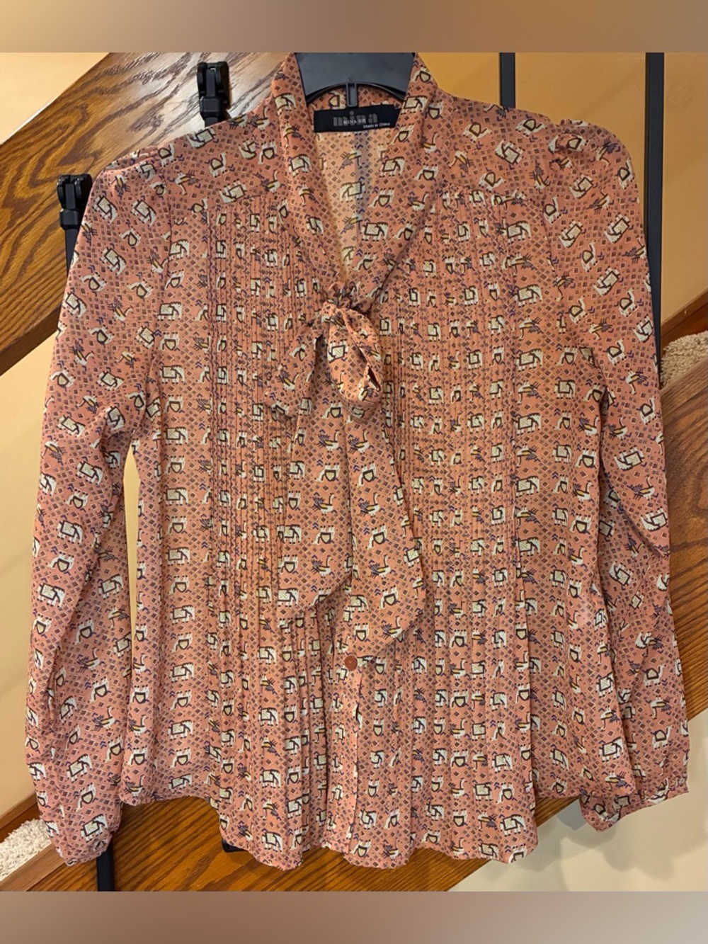 Mina UK Blouse Tie Scarf Front Pleated Button Rust Up SZ. Med